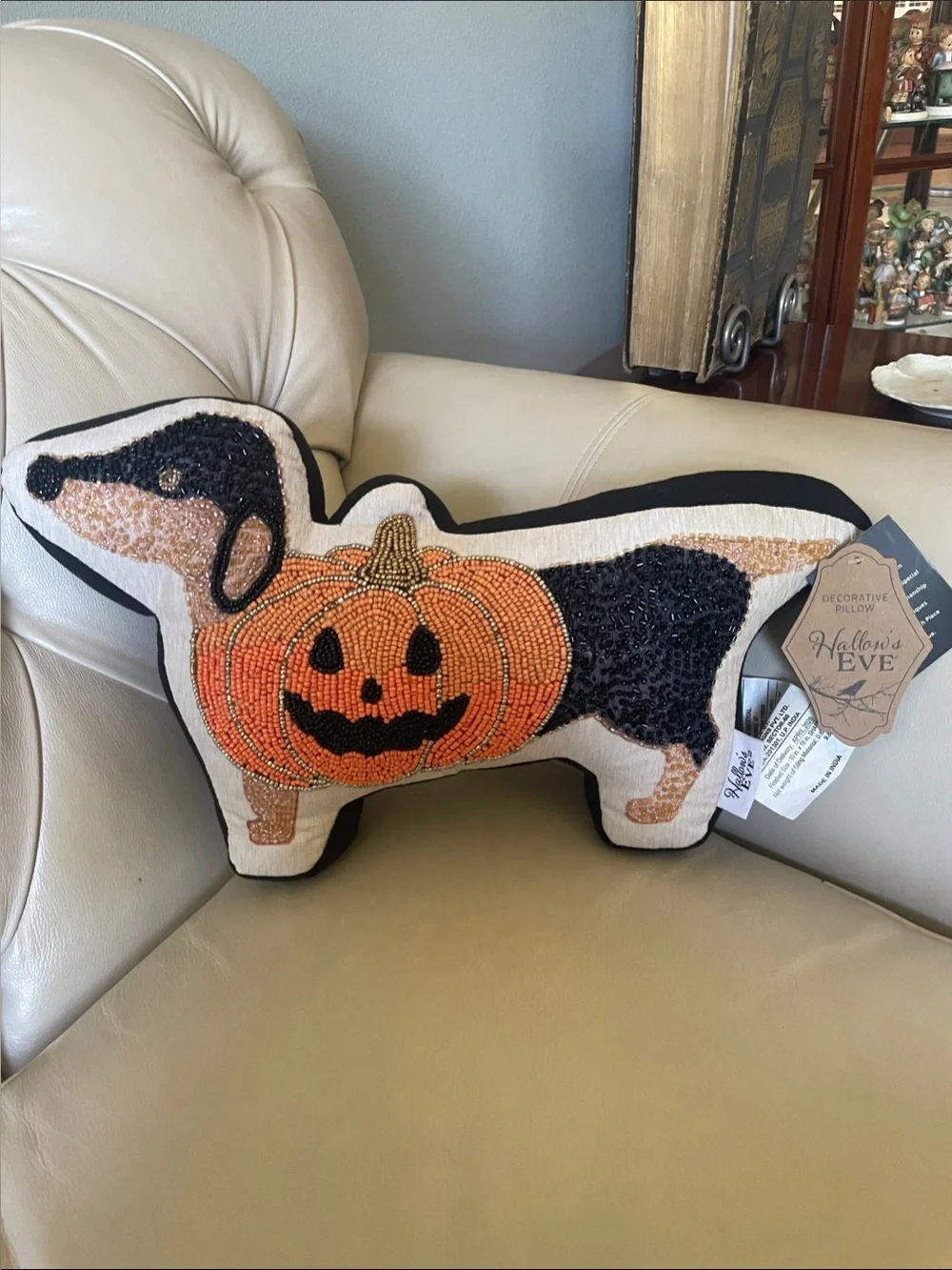 Beaded Pumpkin Dachshund Halloween Accent Pillow by Hallow’s Eve.